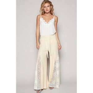 POL Lace Contrast Wide Leg Romantic Boho Pants in Ivory